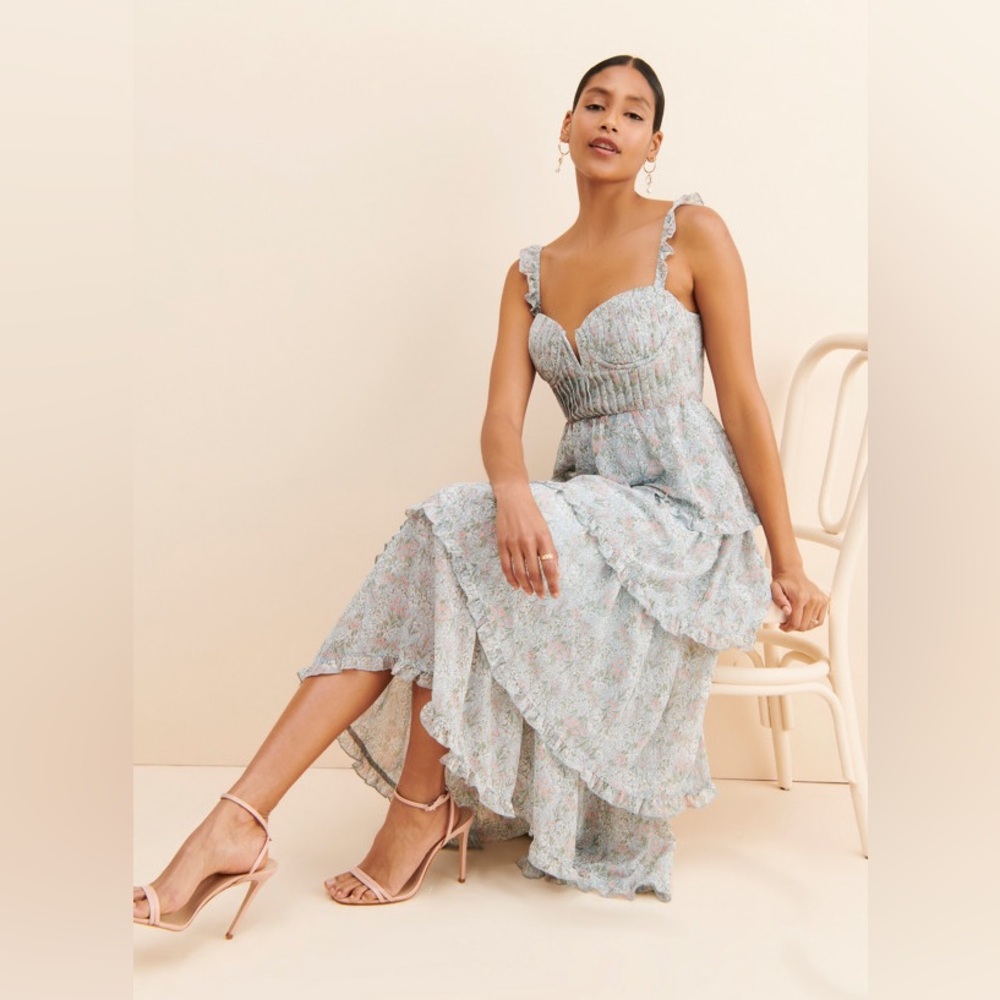 Astr Light Blue Floral Ruffle Maxi Dress